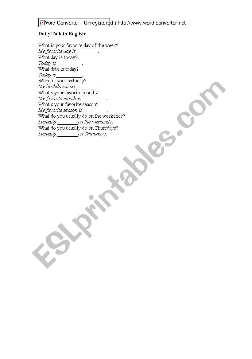daily talk in English worksheet
