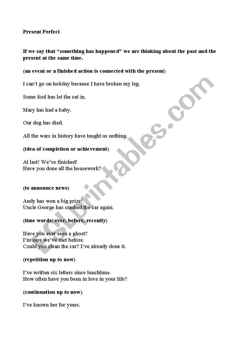 uses of present perfect worksheet