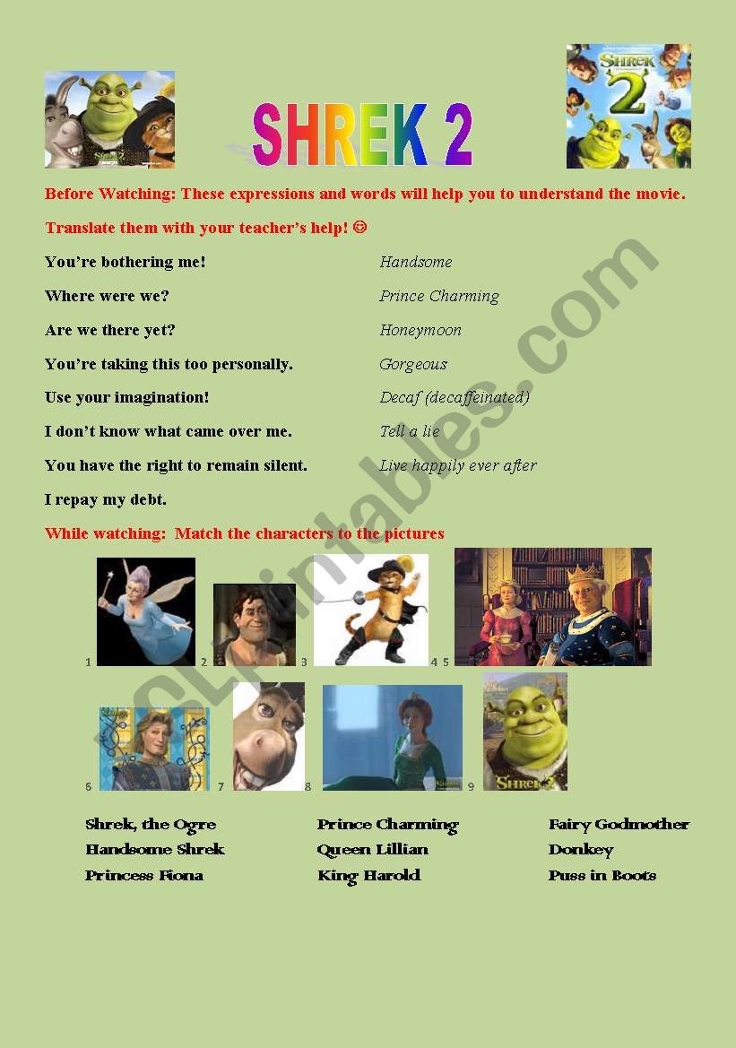 SHREK 2 full movie worksheet: grammar, vocab and communication!