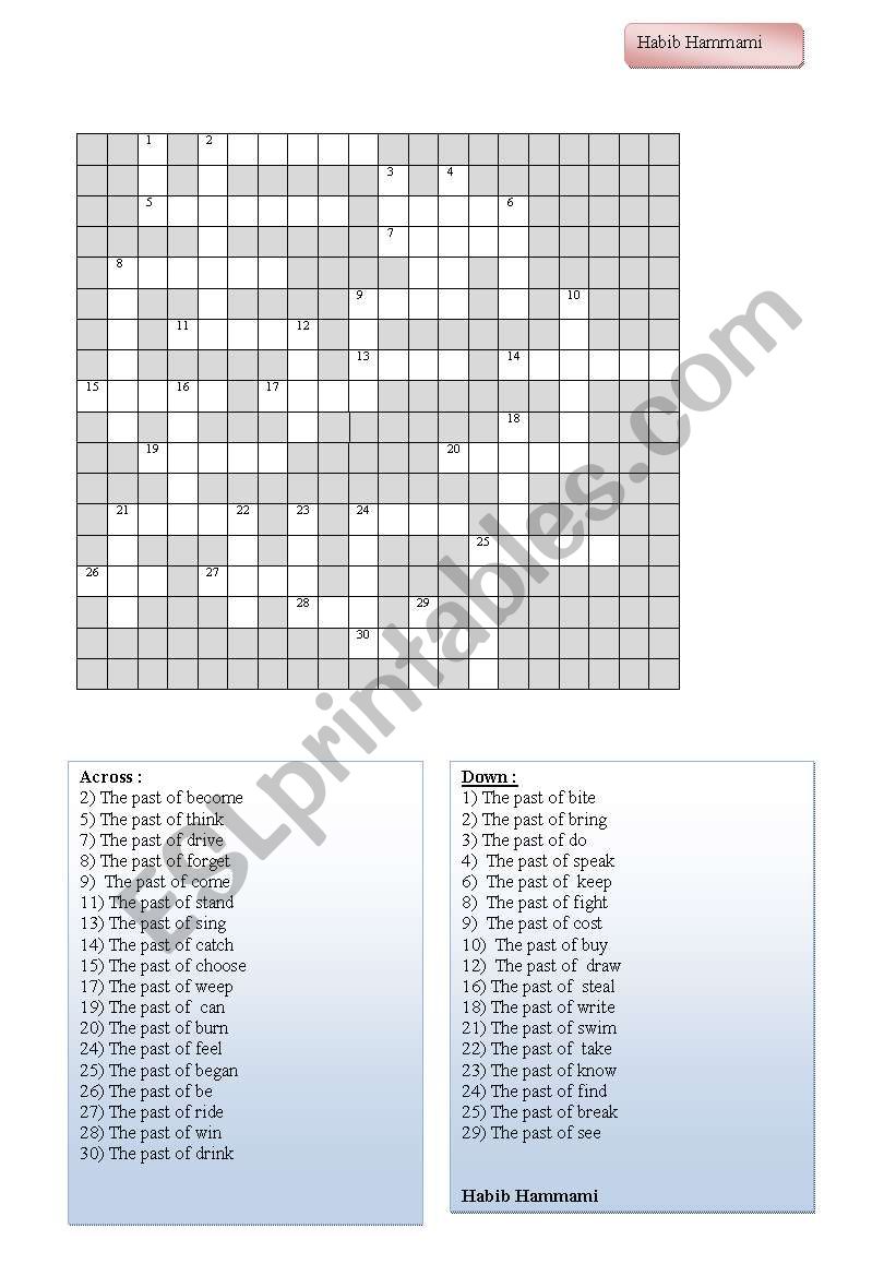 Past tence crosswords worksheet