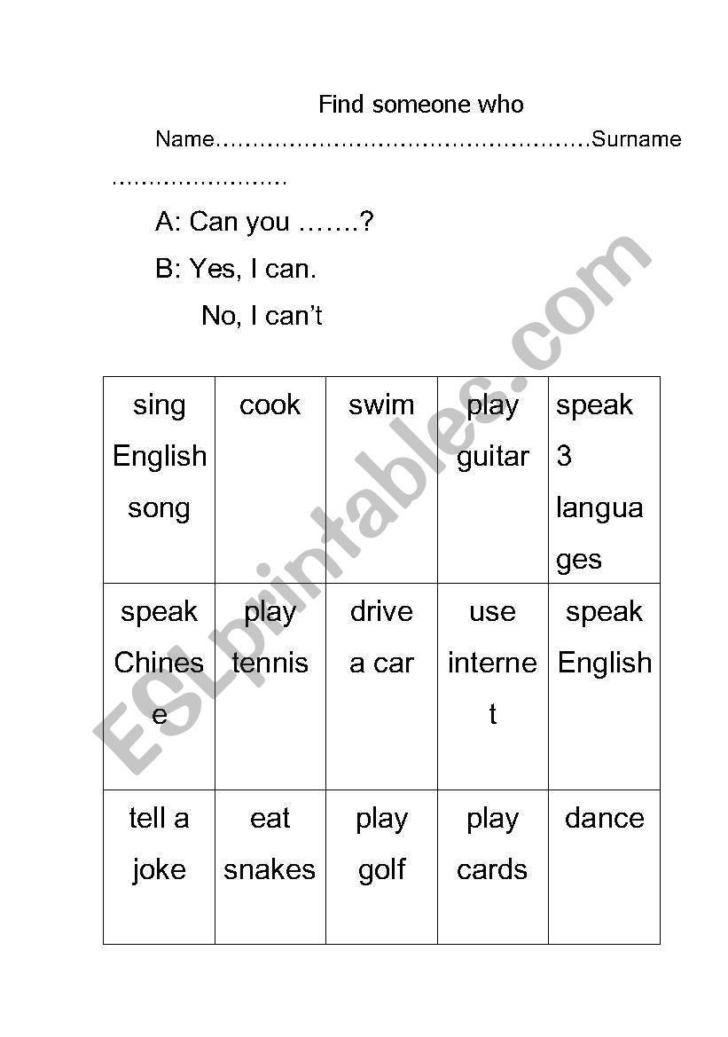 Find some one who worksheet