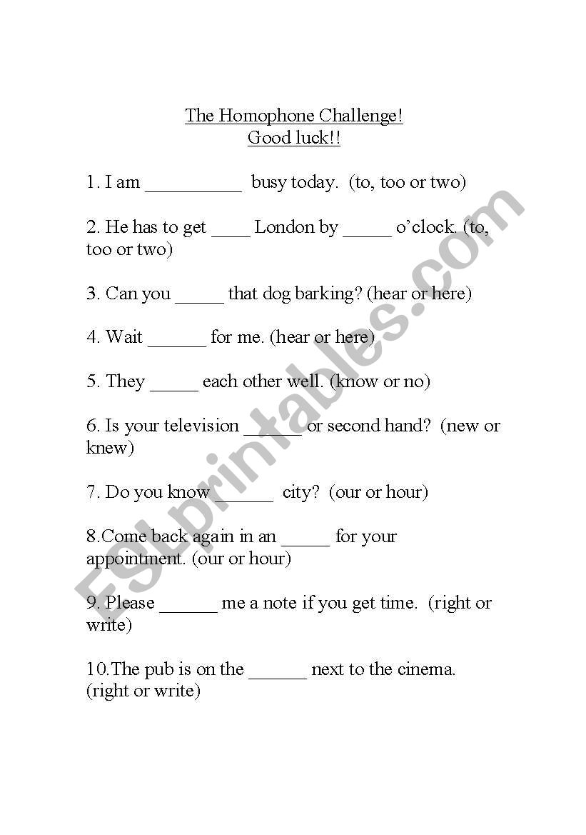 The Homophone Challenge worksheet