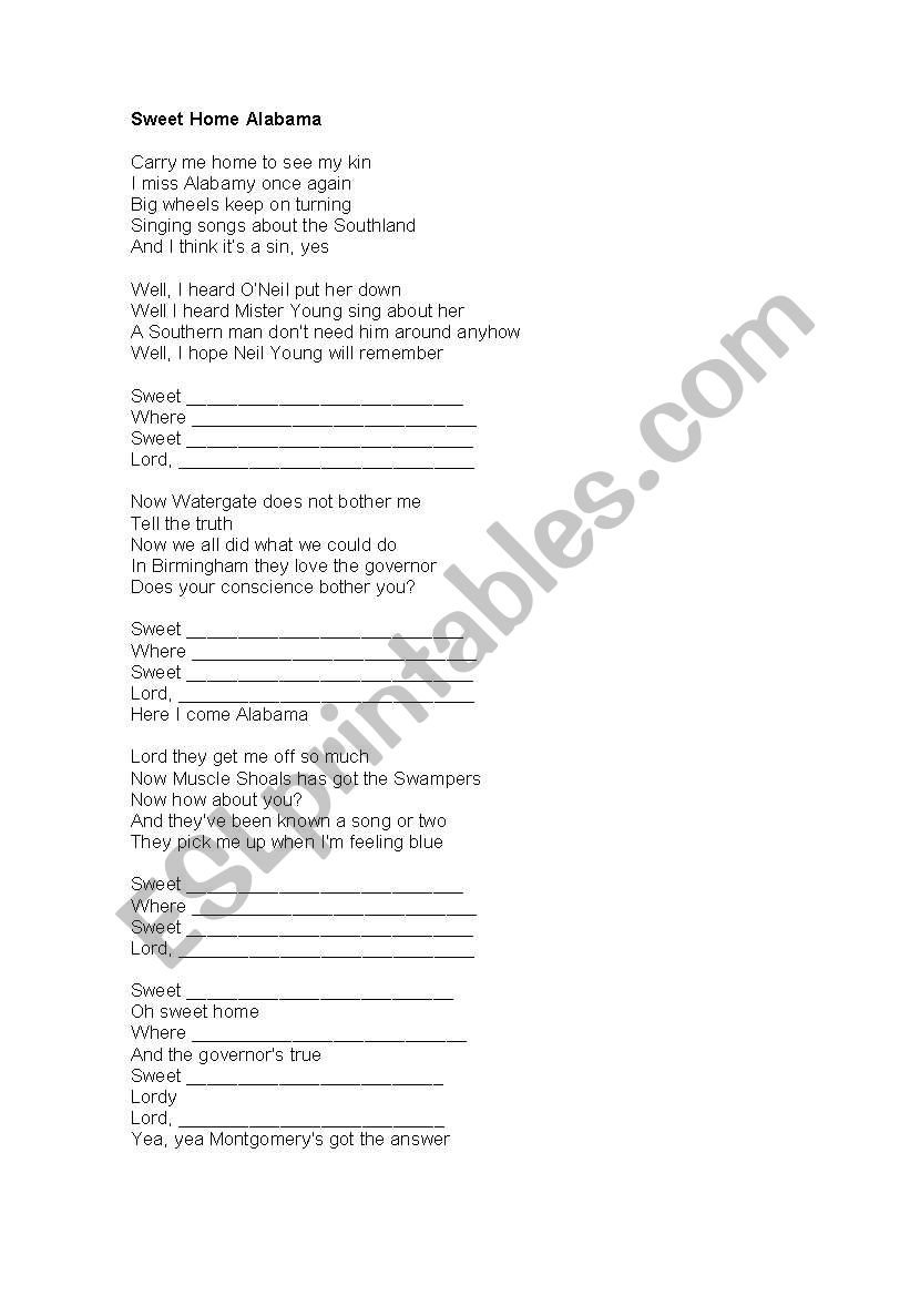 Sweet Home Alabama worksheet