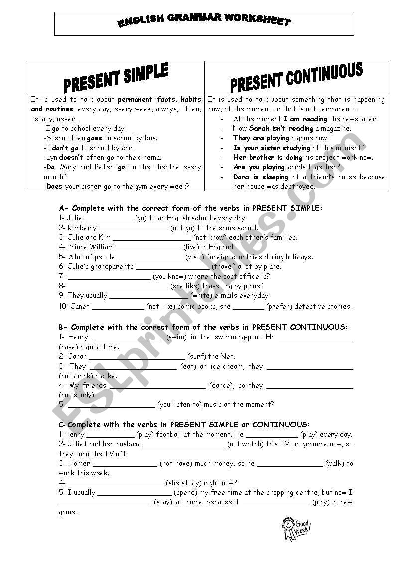 worksheet present simple /present continuous