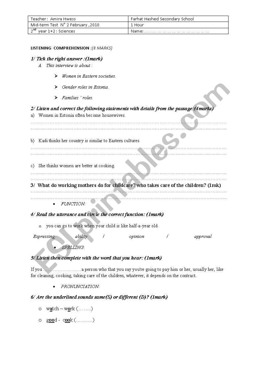 2nd year mid term test  listening comprehension