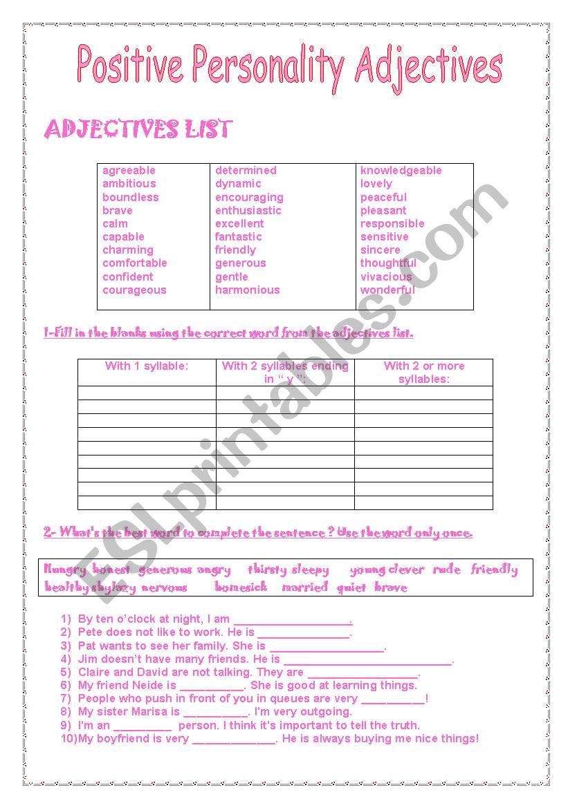 Positive Personality Adjectives exercise