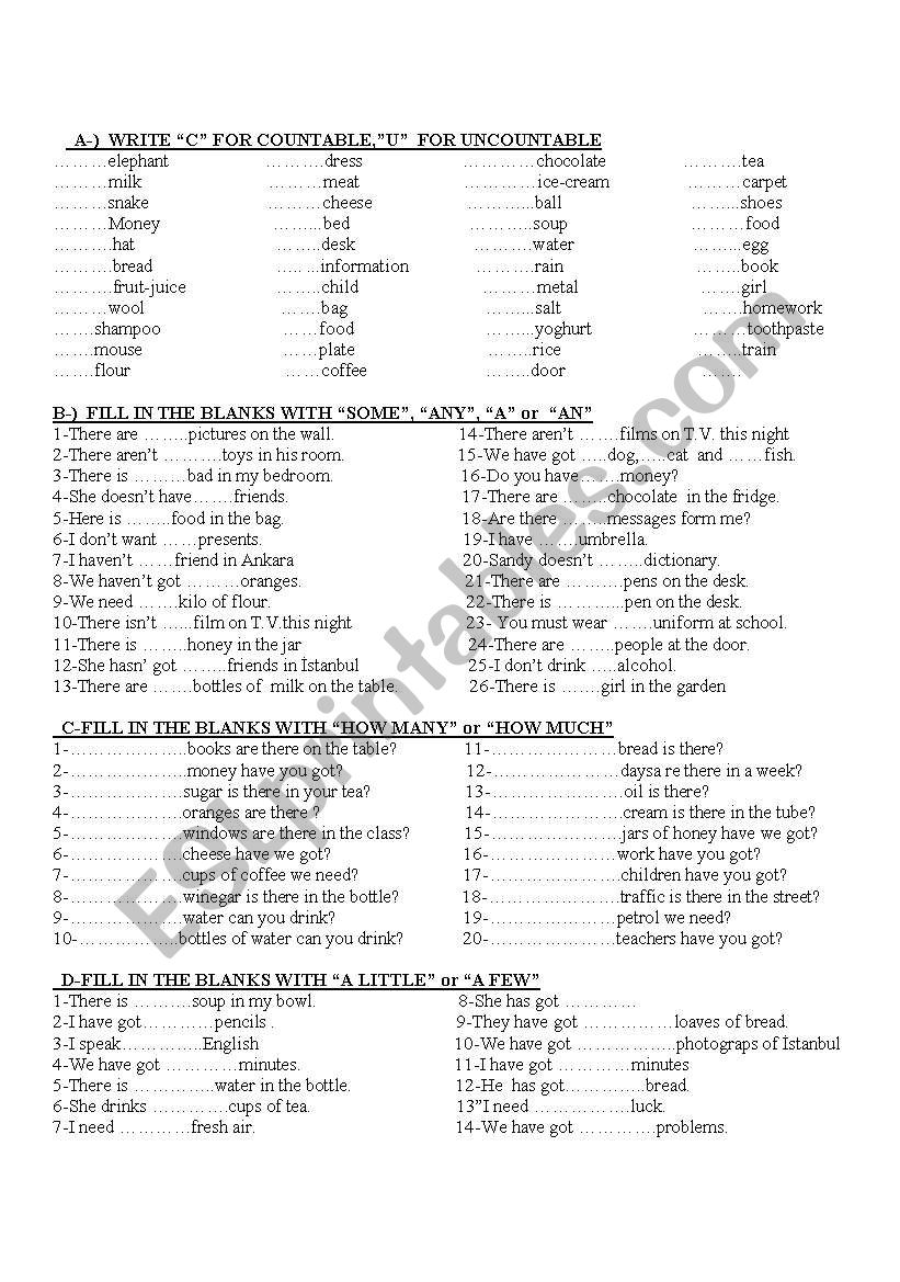 countable -uncountable nouns worksheet