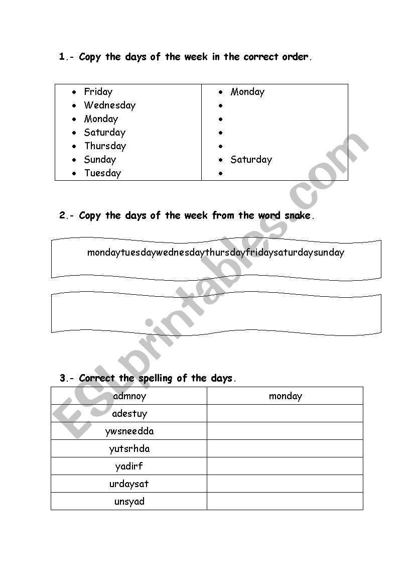 Days of the week worksheet