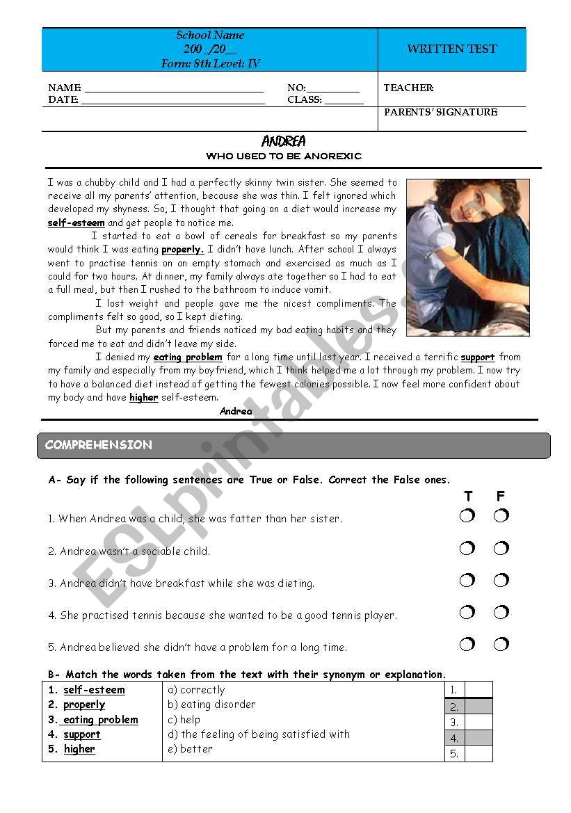 Anorexia worksheet