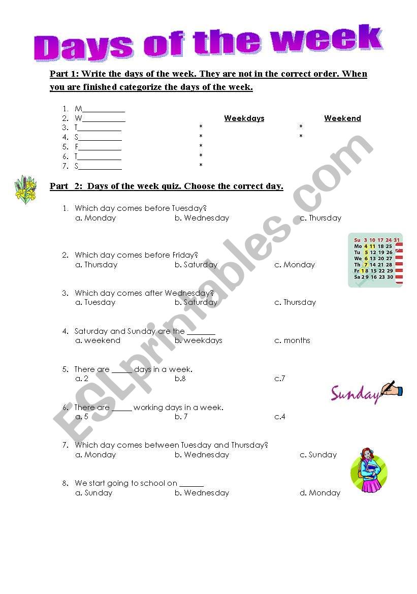 Days of the week and school subjects