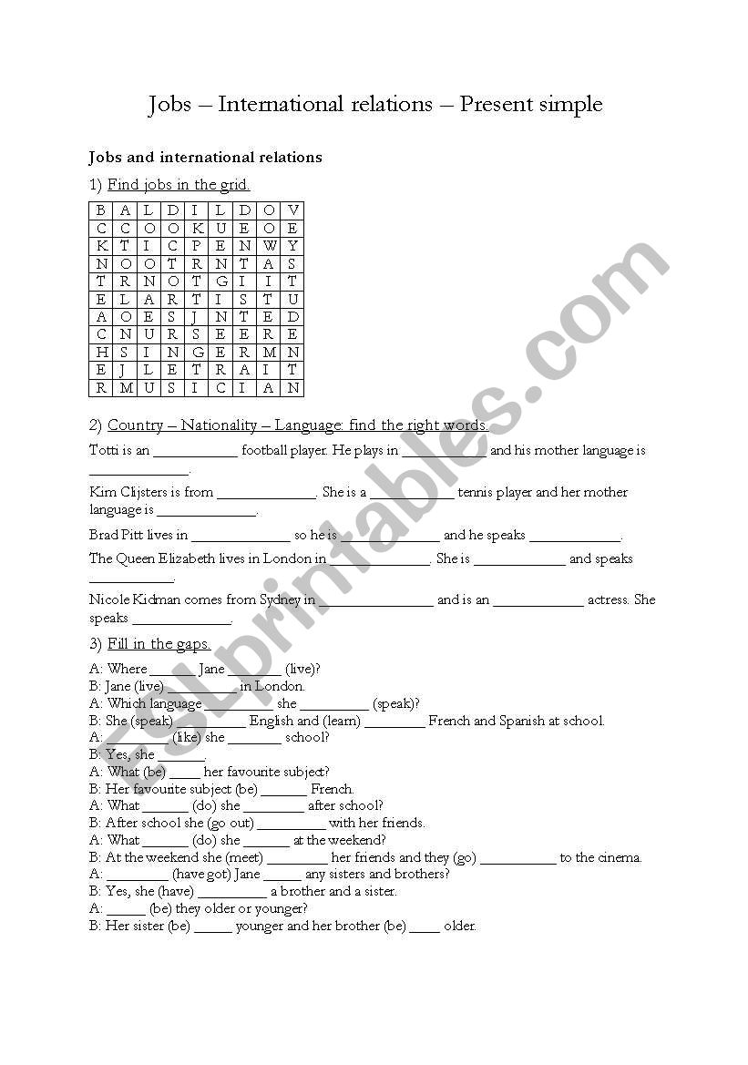 jobs - international relations - present simple