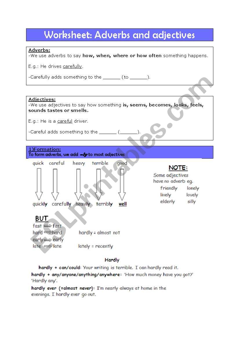 Adverbs and adjectives worksheet