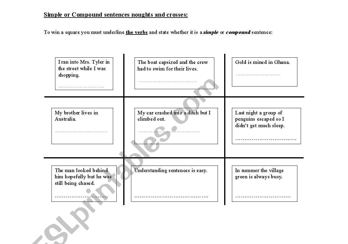 Simple or Compound sentences (noughts and crosses)