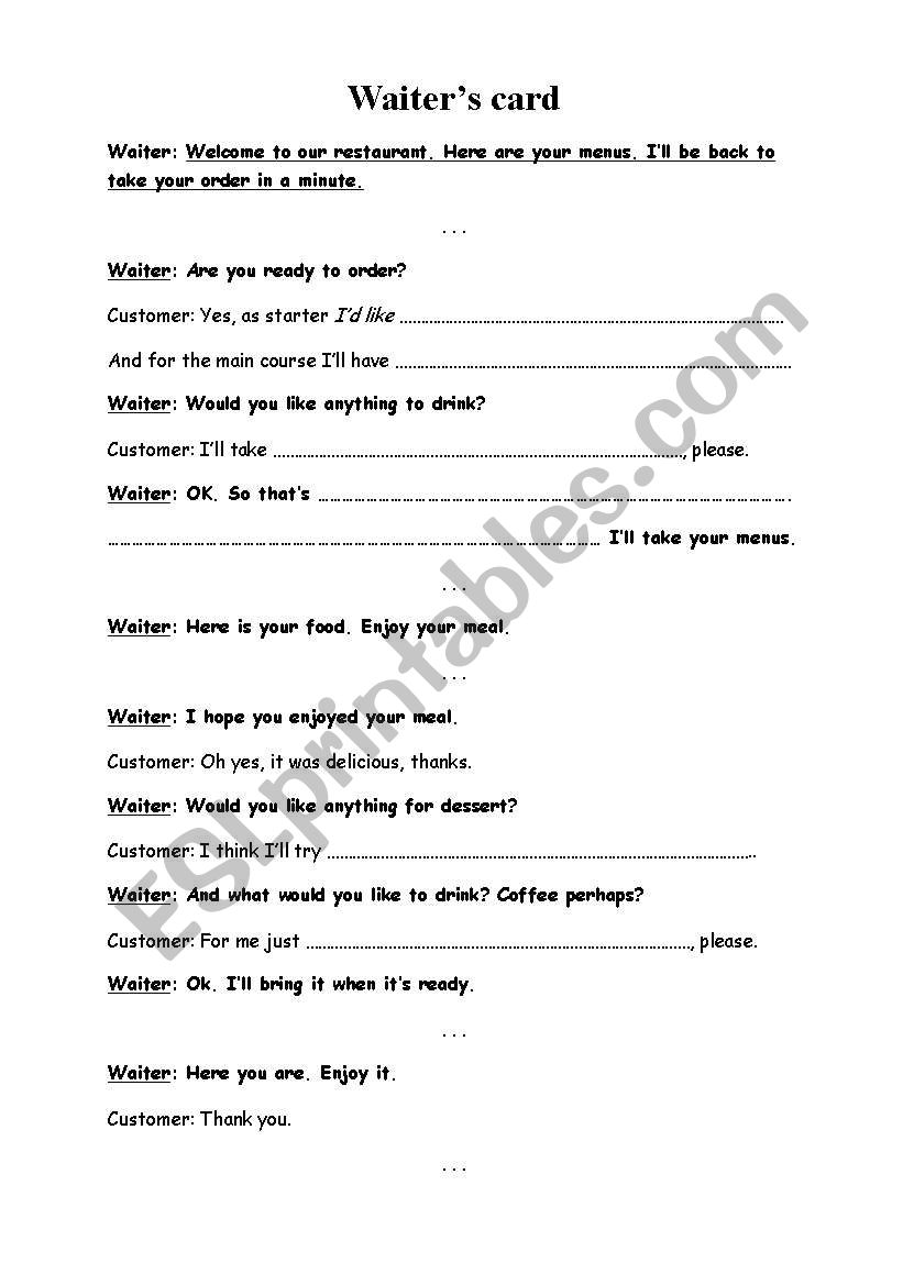 At the restaurant: role play worksheet