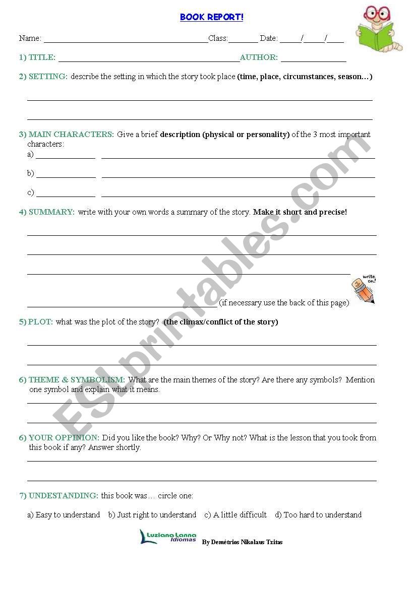 BOOK REPORT WORKSHEET worksheet