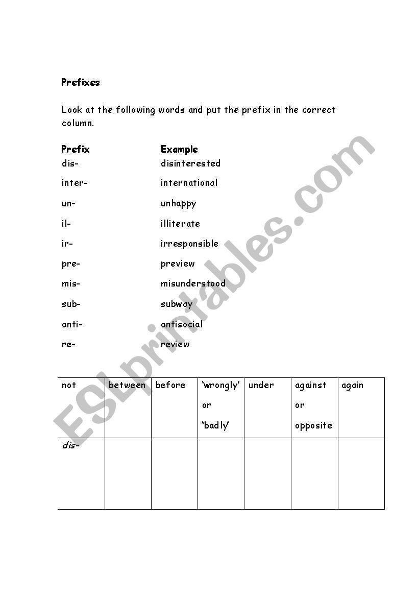 Suffixes and prefixes worksheet