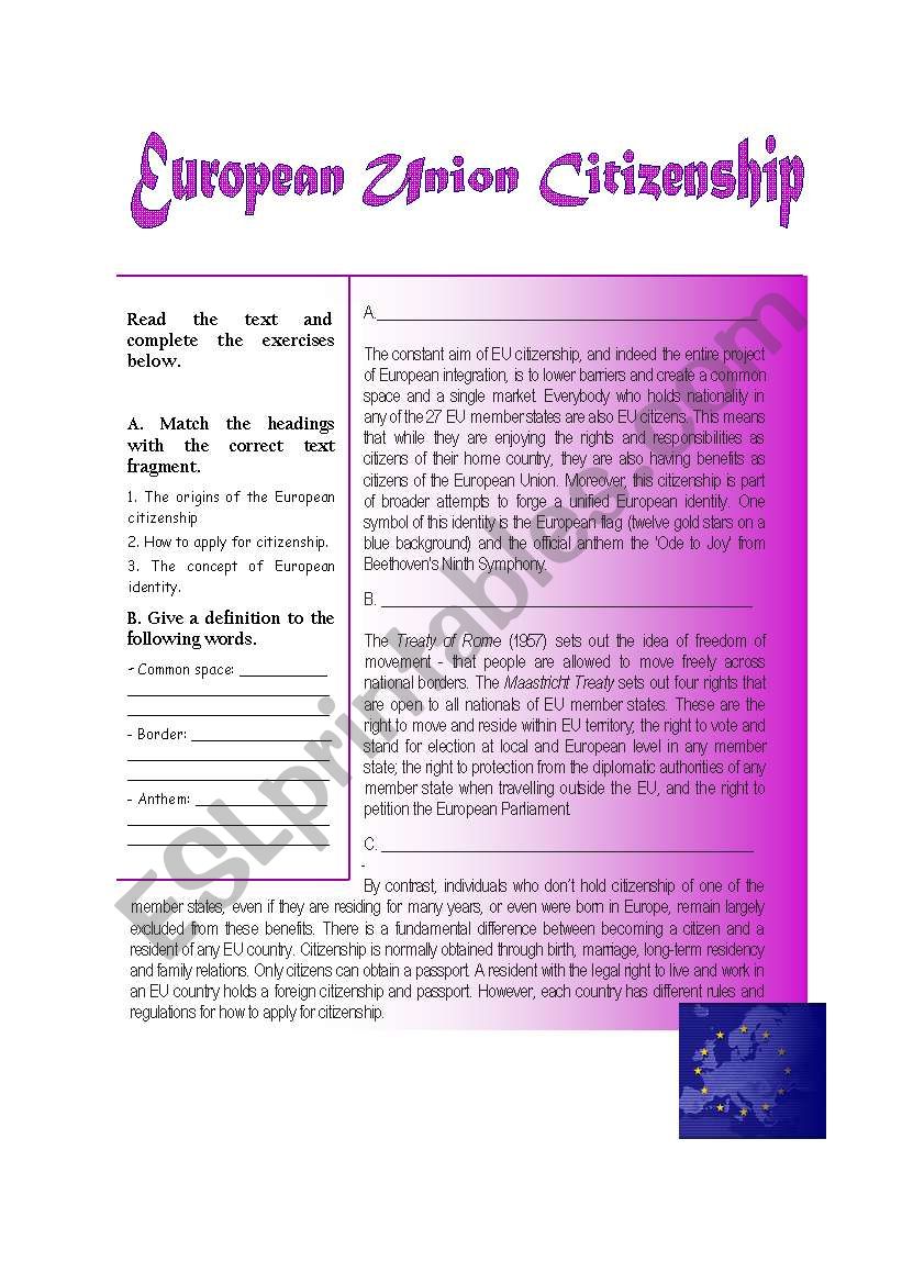 European Citizenship worksheet