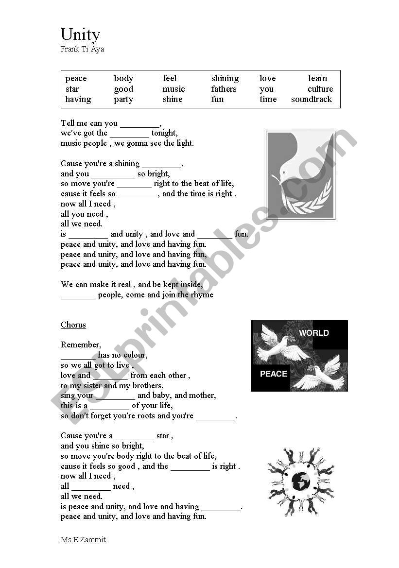 Song worksheet (Elementary), Unity by Frank Ti Aya