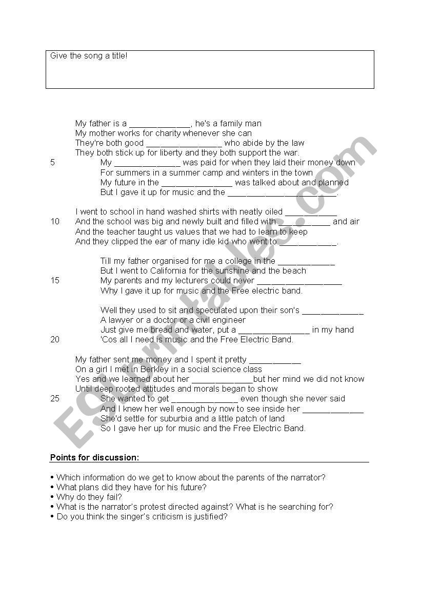 Free electric Band - fill in worksheet