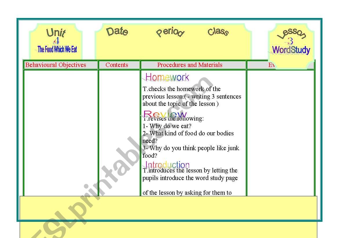 food worksheet