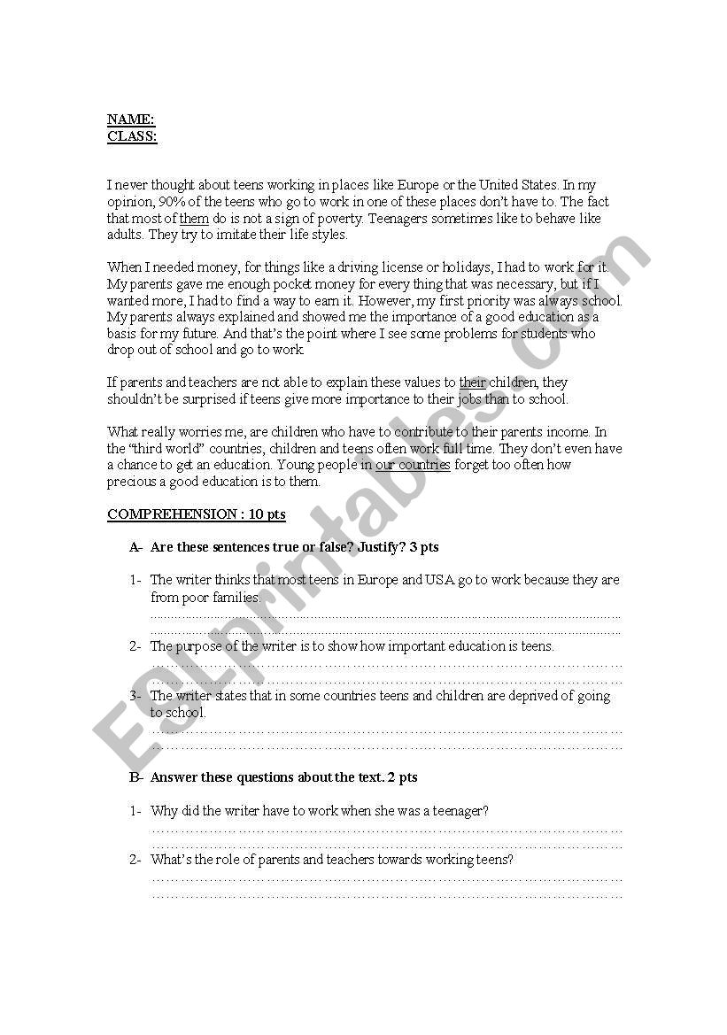 global test worksheet