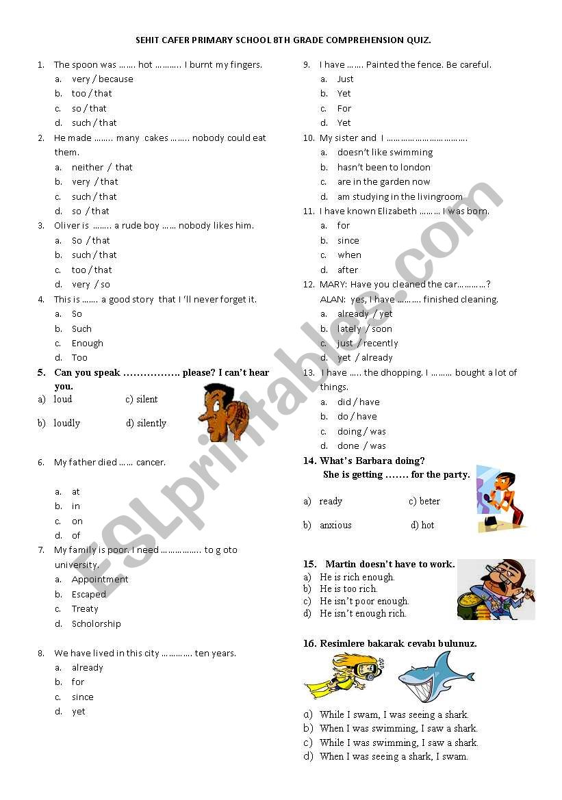 8th grade comprehension quiz worksheet