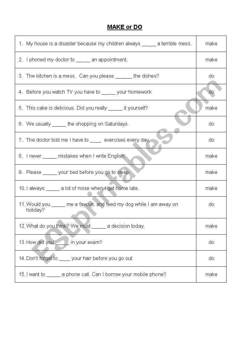 Make or Do Worksheet worksheet