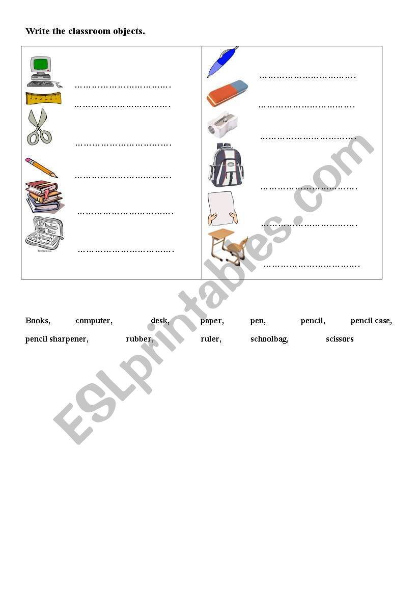 classroom objects matching worksheet