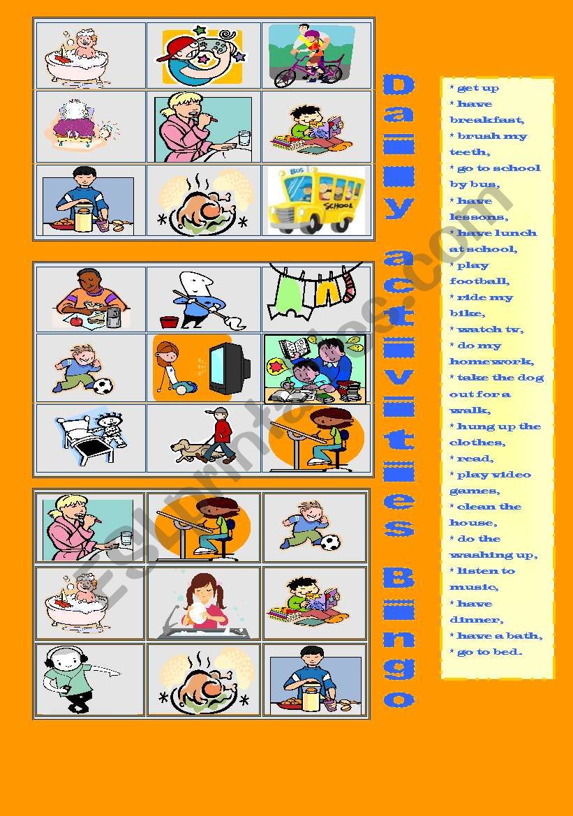 Daily Activities Bingo worksheet