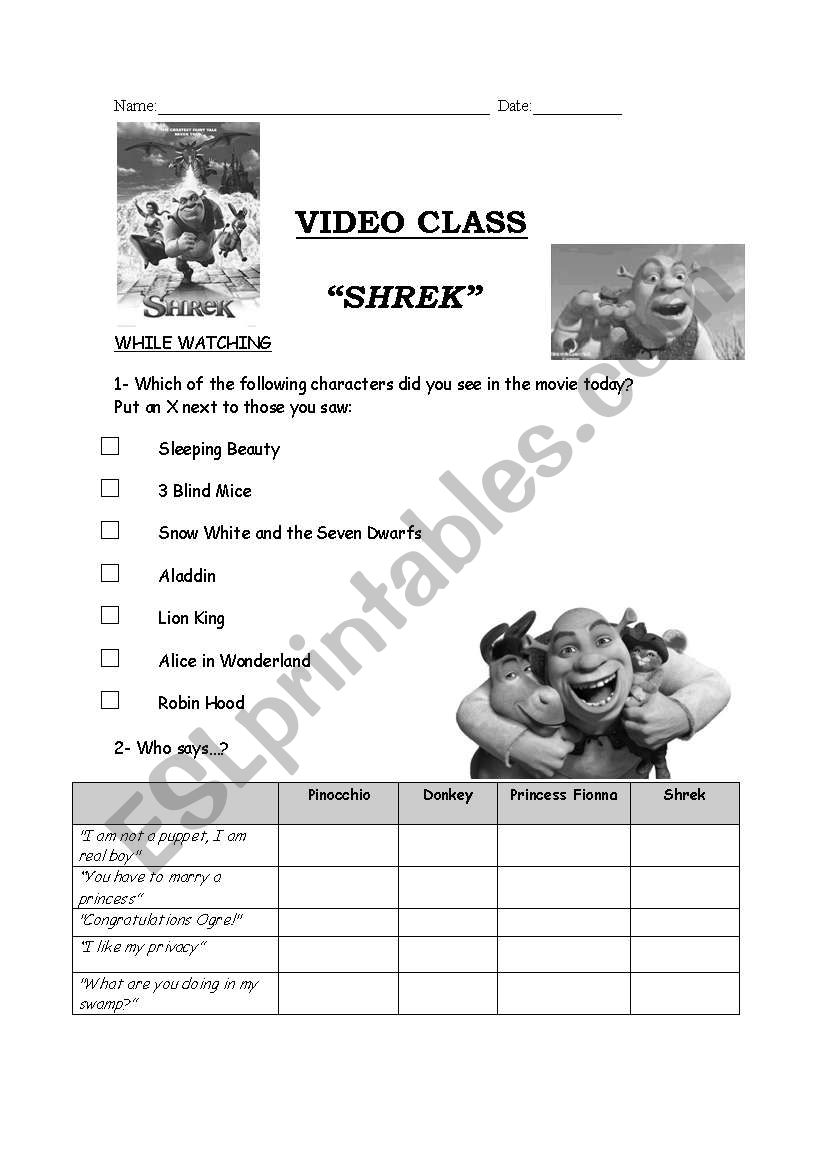 Shrek worksheet