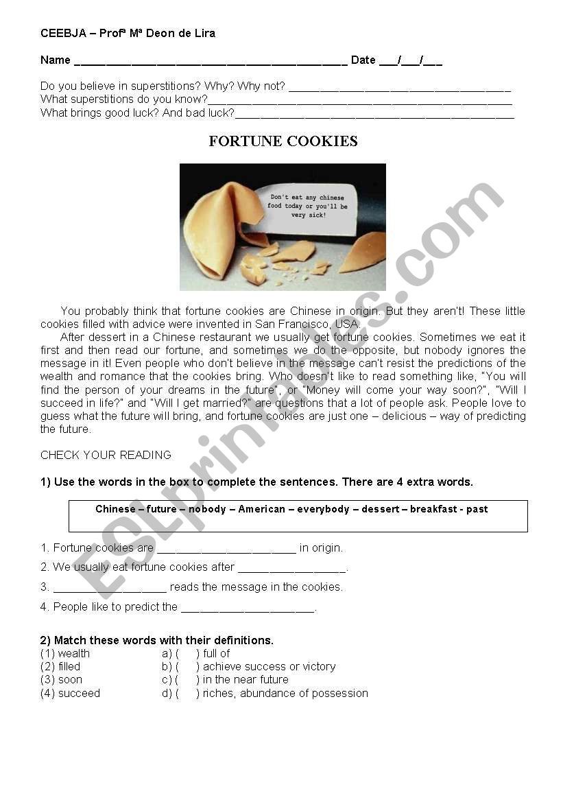 Fortune Cookies worksheet