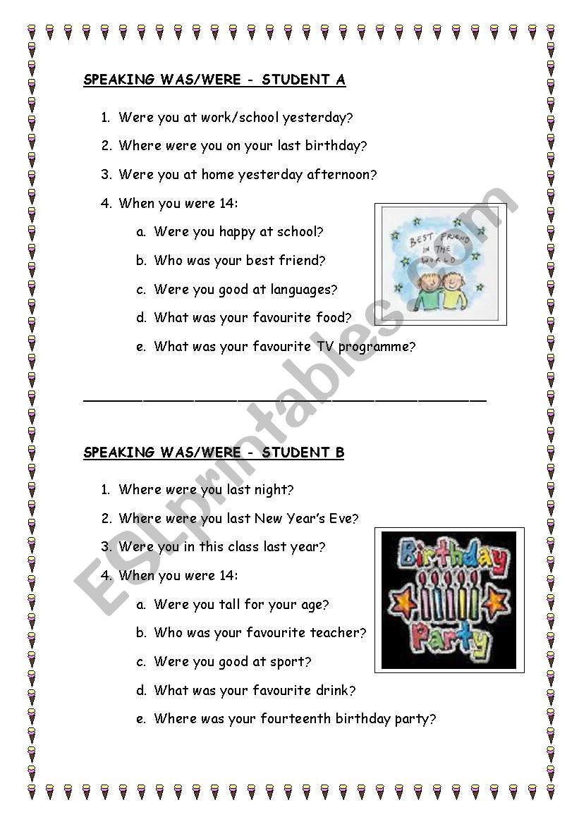 Speaking  WAS/WERE worksheet