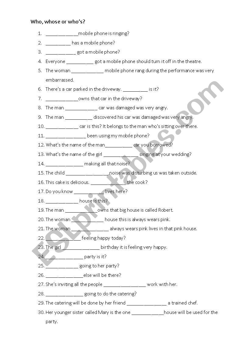 Who, whos or whose? worksheet