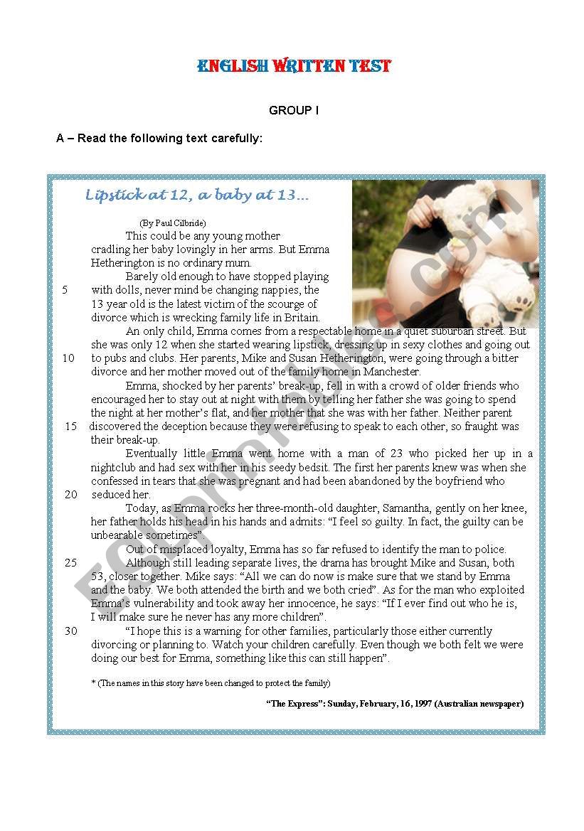 Test / worksheet - pregnancy during adolescence