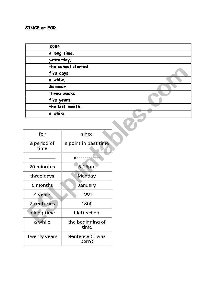 Since and For worksheet