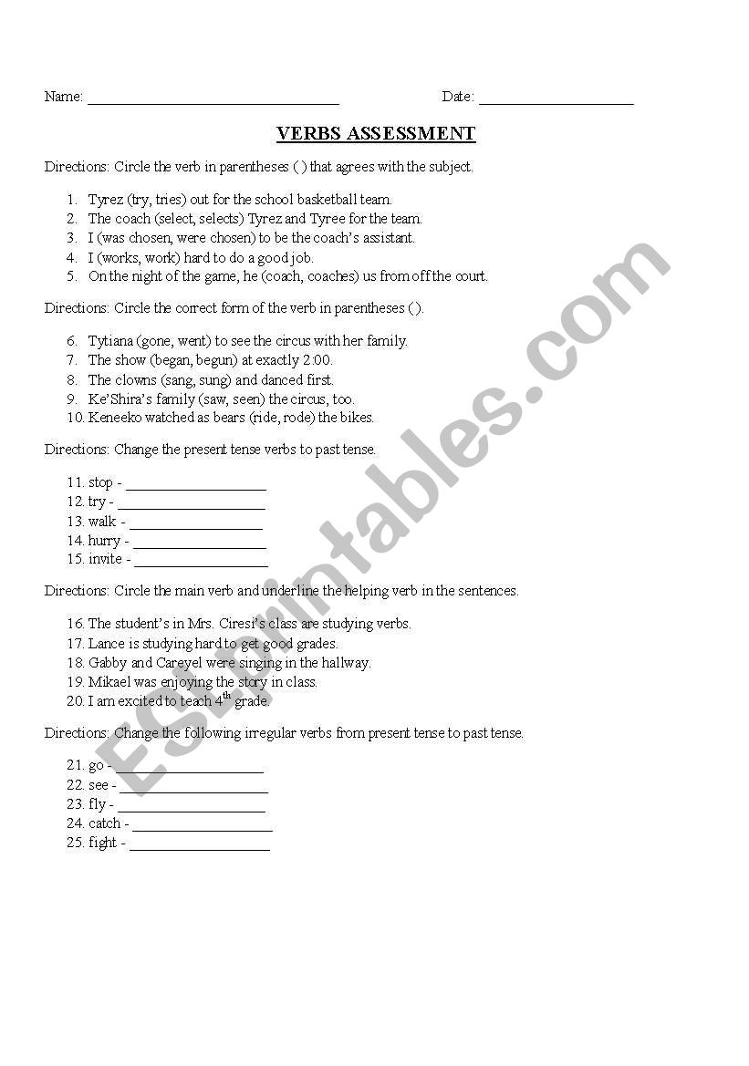 Verb Review Assessment worksheet