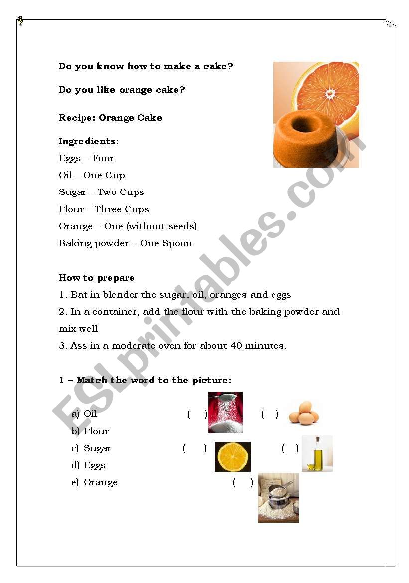 Recipe - Orange Cake worksheet