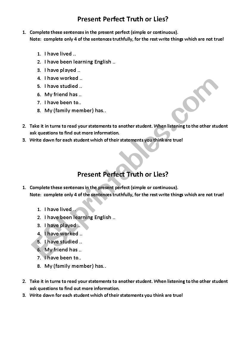 Truth or Lies speaking activity