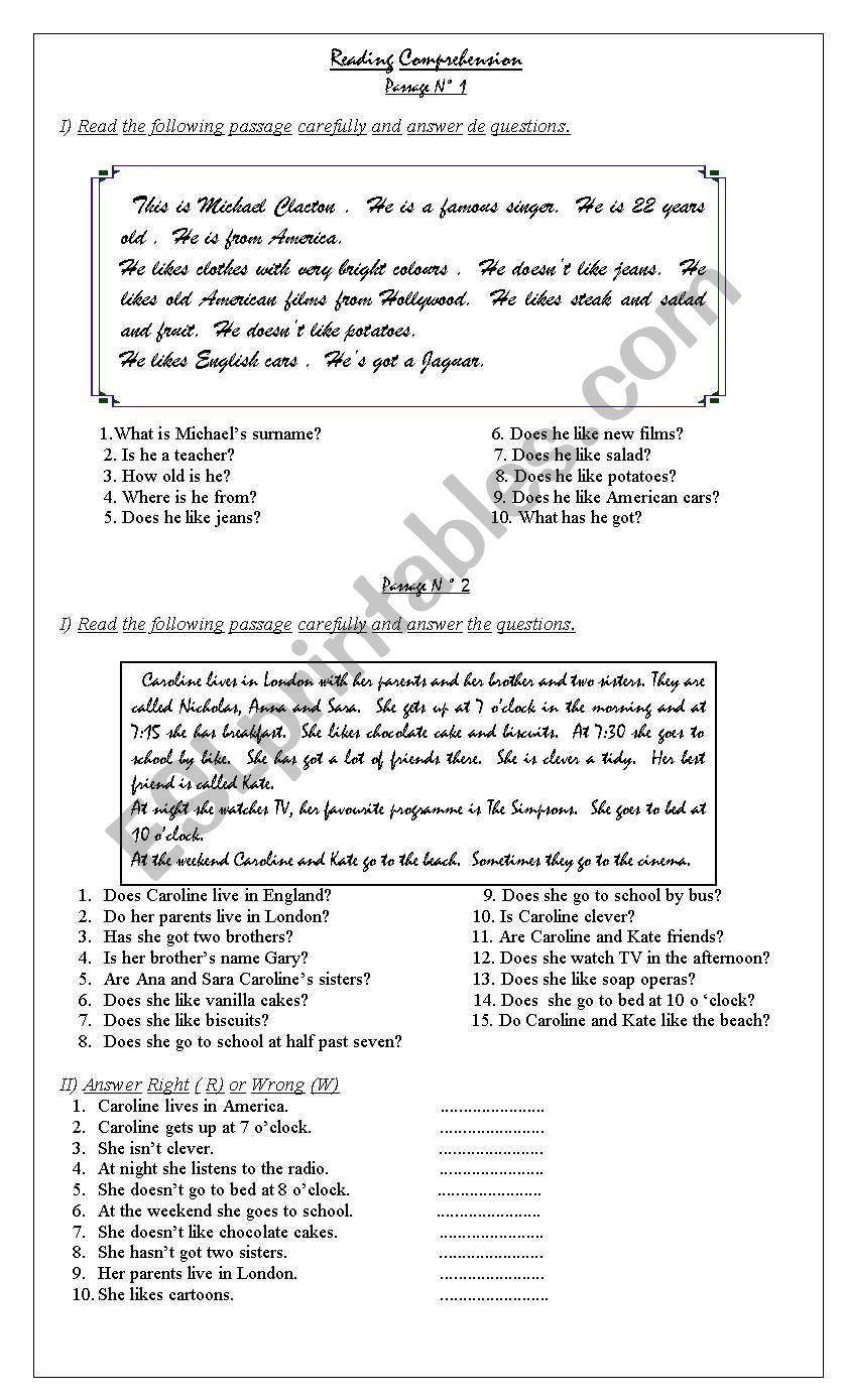 Reading comprehension worksheet