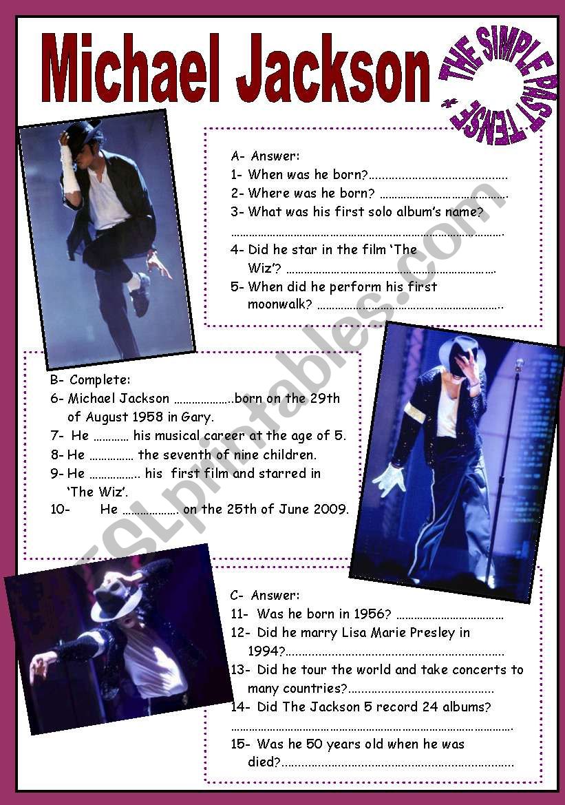 THE SIMPLE PAST TENSE - READING - MICHAEL JACKSON - ACTIVITIES