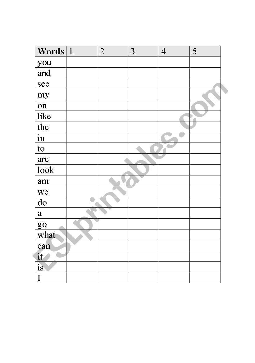 High Frequency Words Practice Form