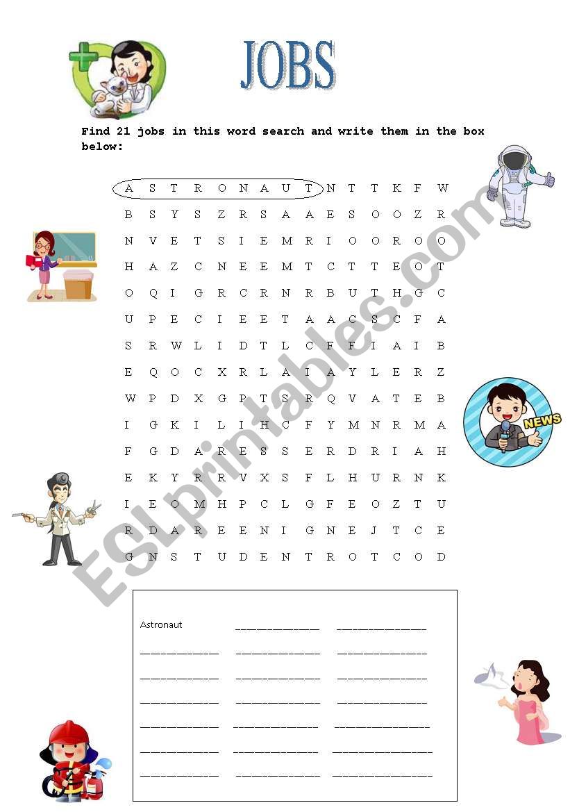 Jobs wordsearch worksheet