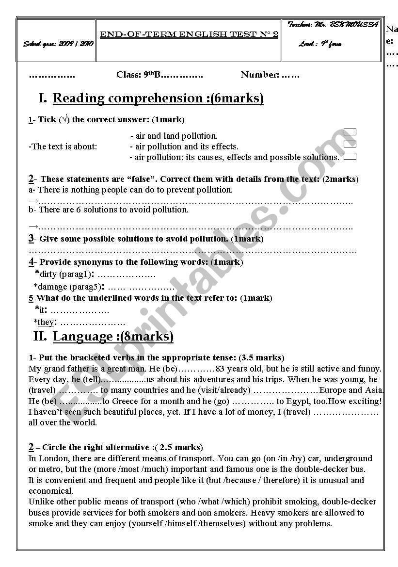 9 th year end term test n 2 worksheet