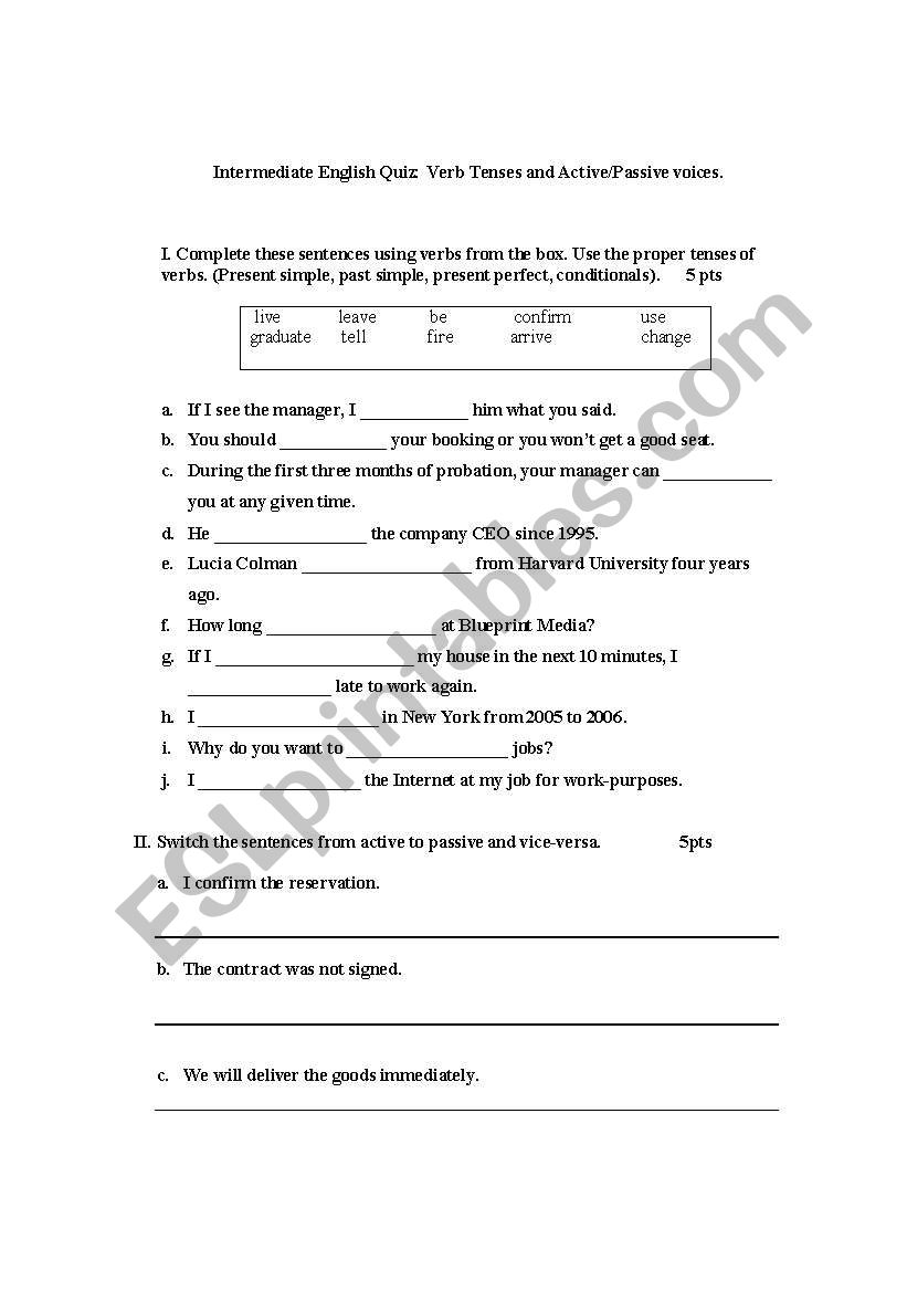 Intermediate Grammar Quiz worksheet