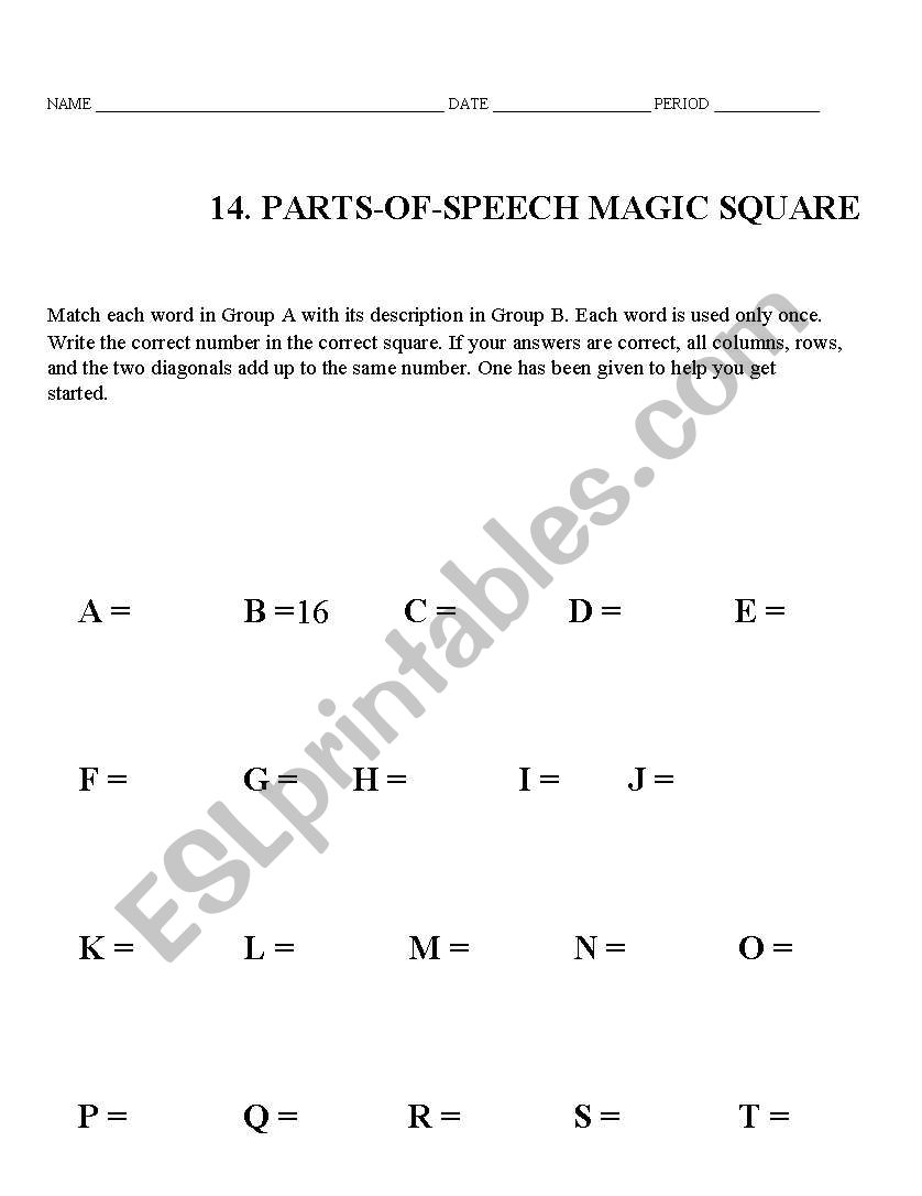 Part of Speech Squares worksheet