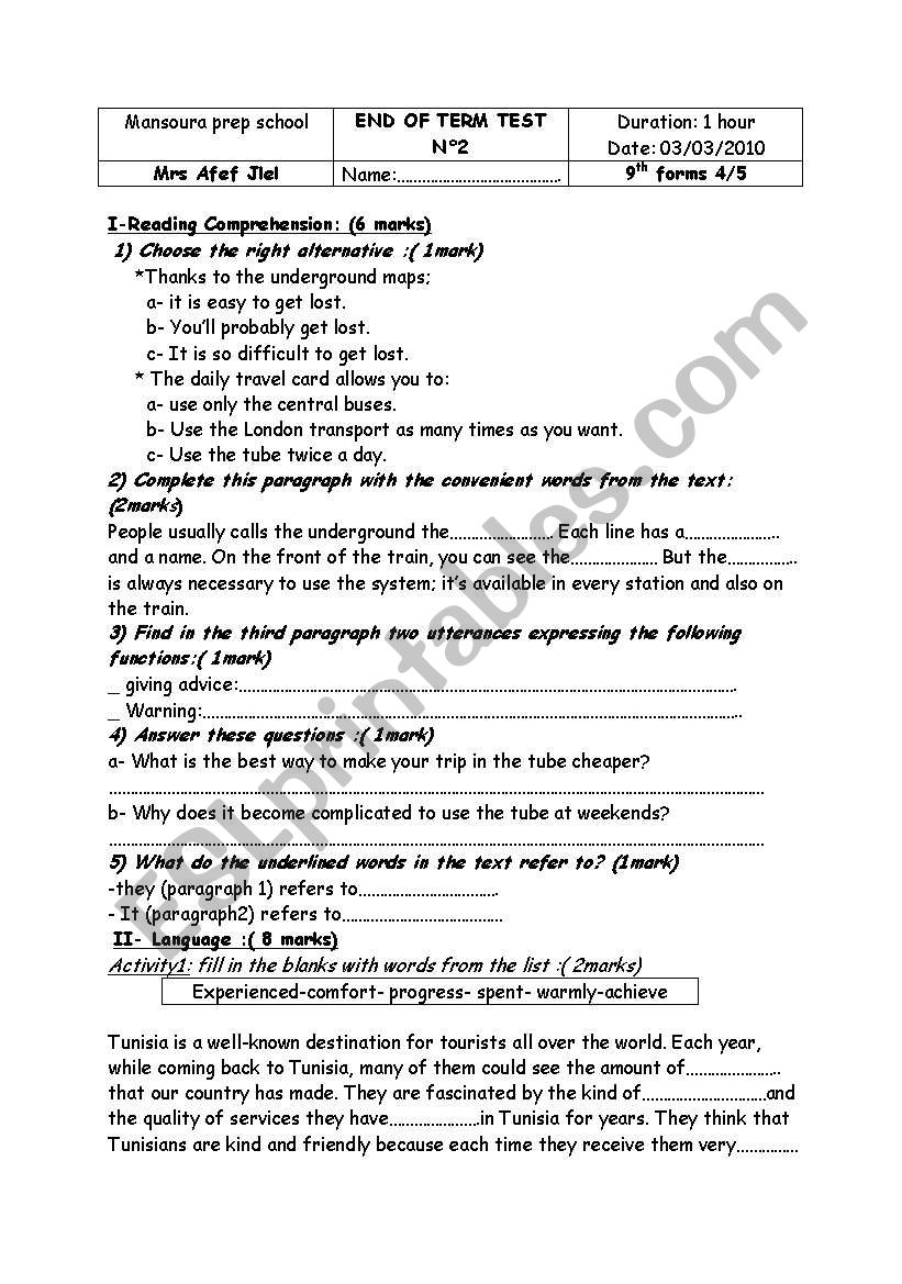 end of term test n2 (9th form)