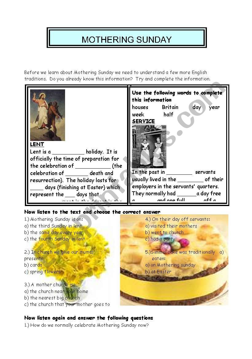 Mothering Sunday worksheet