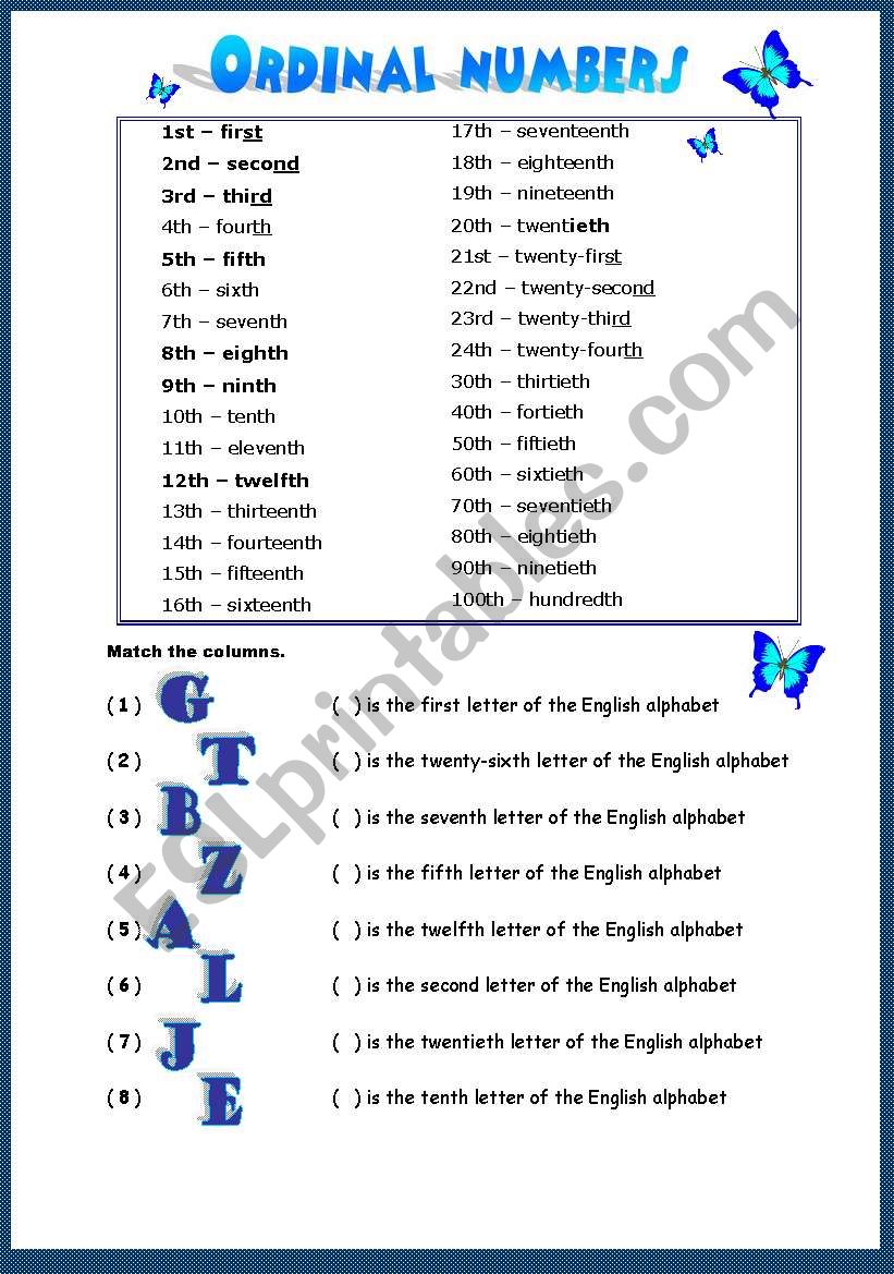 ordinal numbers worksheet