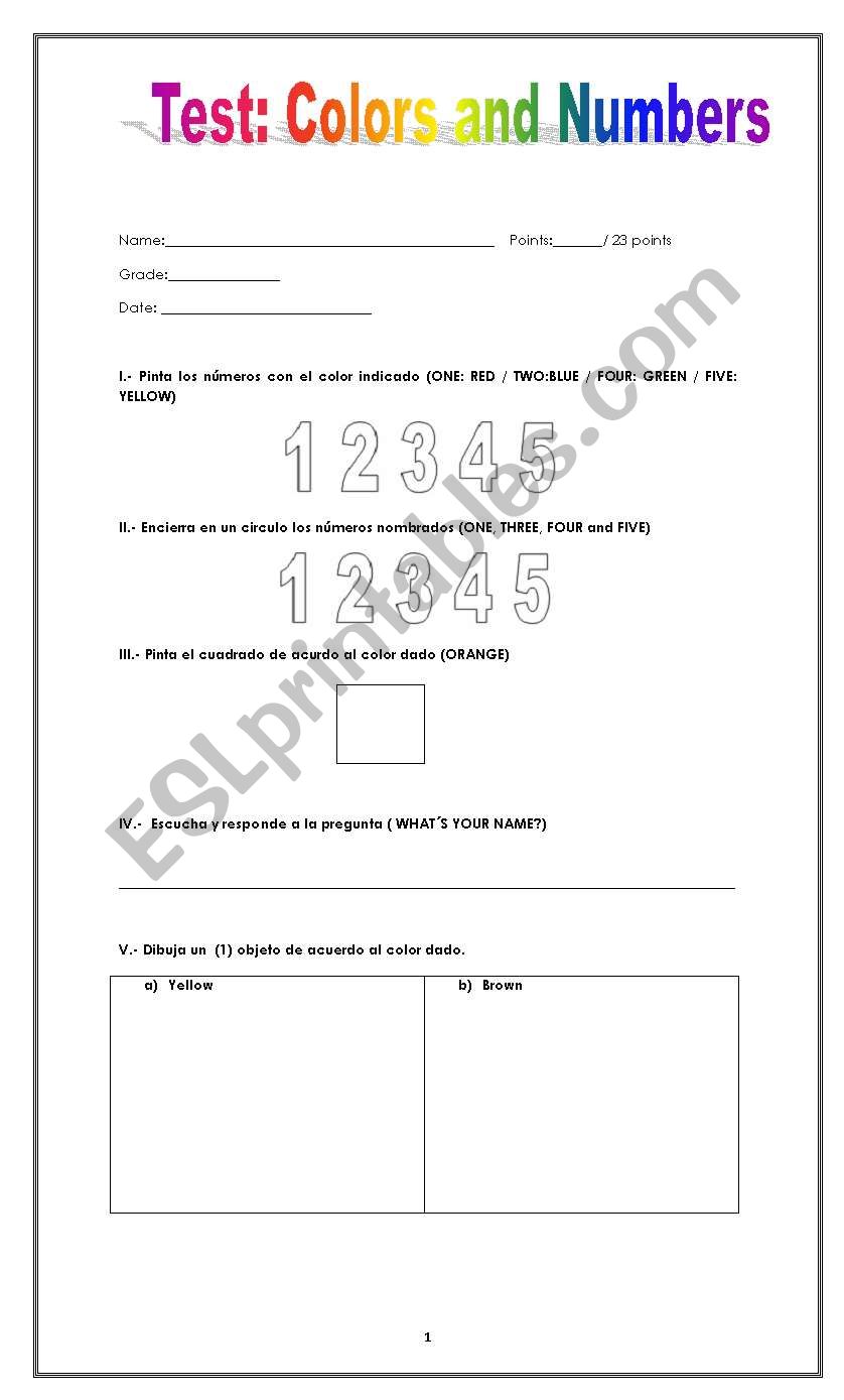 Test: Colors and Numbers worksheet