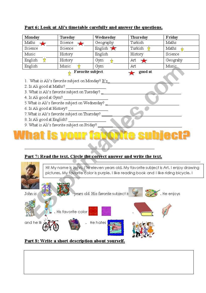 days of the week and the school subjects 2